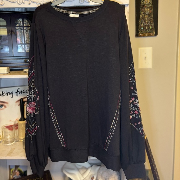 Knox Rose Coal Gray Boho Floral Embroidered Pullover Sweatshirt L - Picture 1 of 3